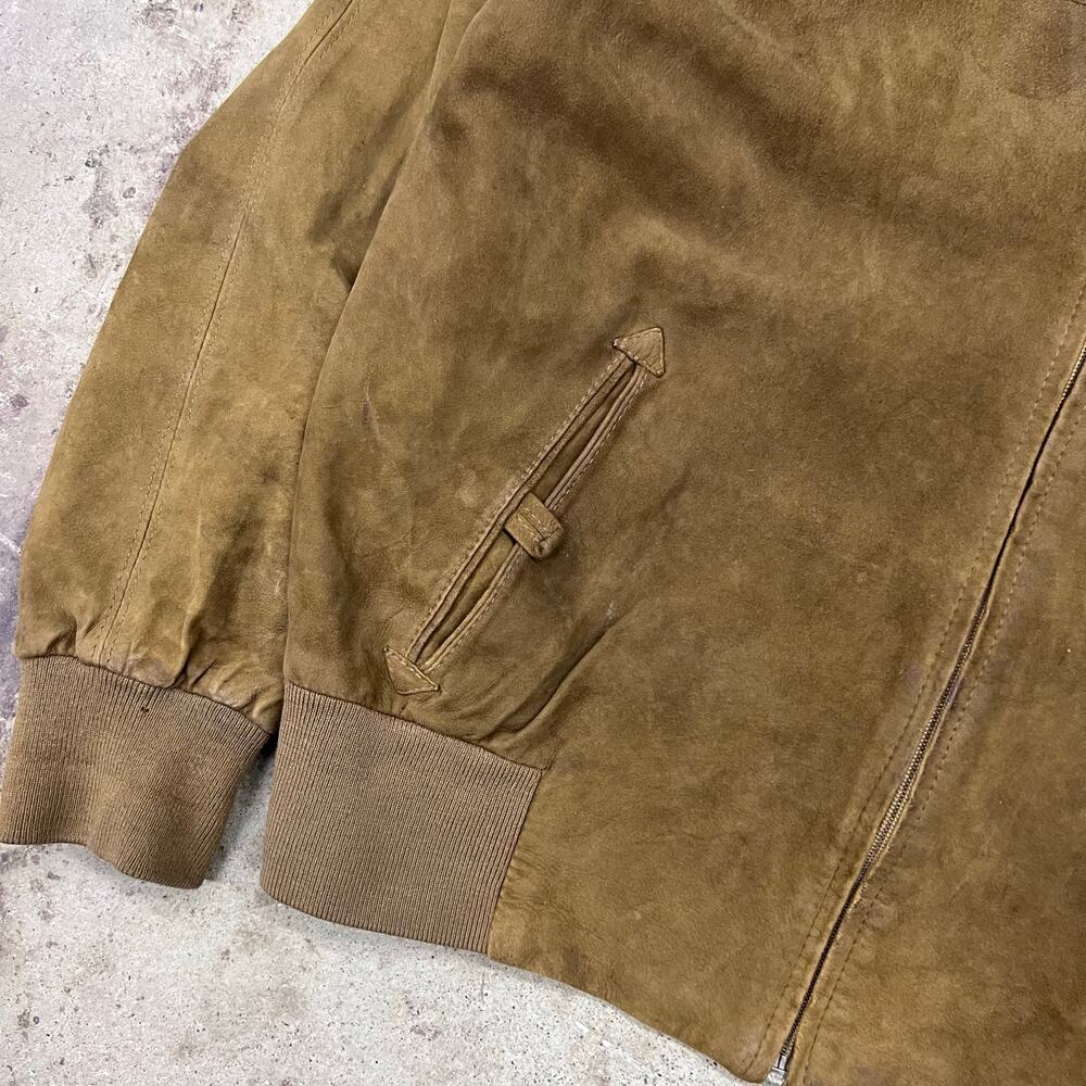Vintage Suede Leather Bomber Jacket Knit Shawl Collar Light Brown Patina Size M - Picture 4 of 16